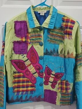 Minnie’s Colorblock Butterfly Embroidered Jean Jacket - Turquoise & Lime